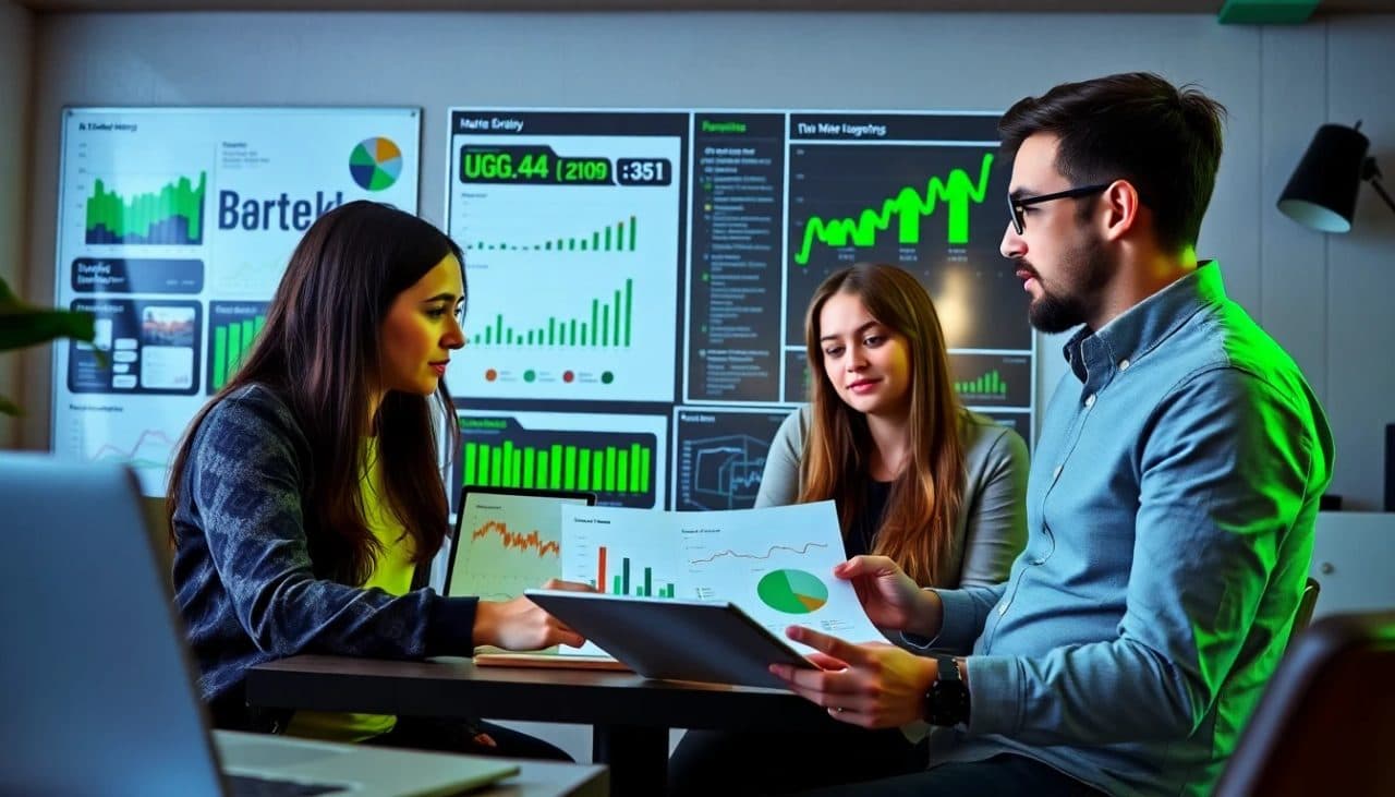 Marketing csapat adatokat elemez, UGC kampányok megtérüléséről.