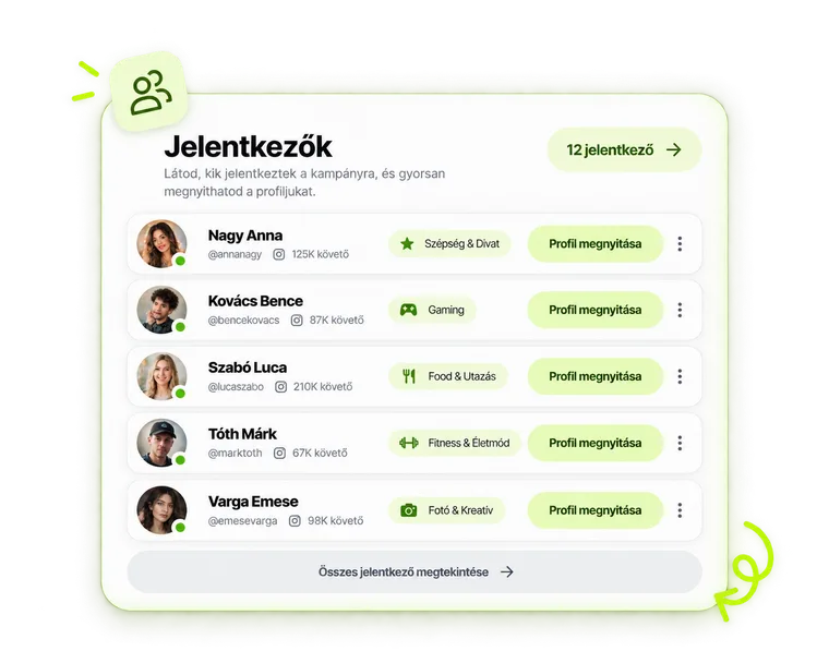 Jelentkezők listája: látod, kik pályáztak a kampányra, és megnyithatod a profiljukat