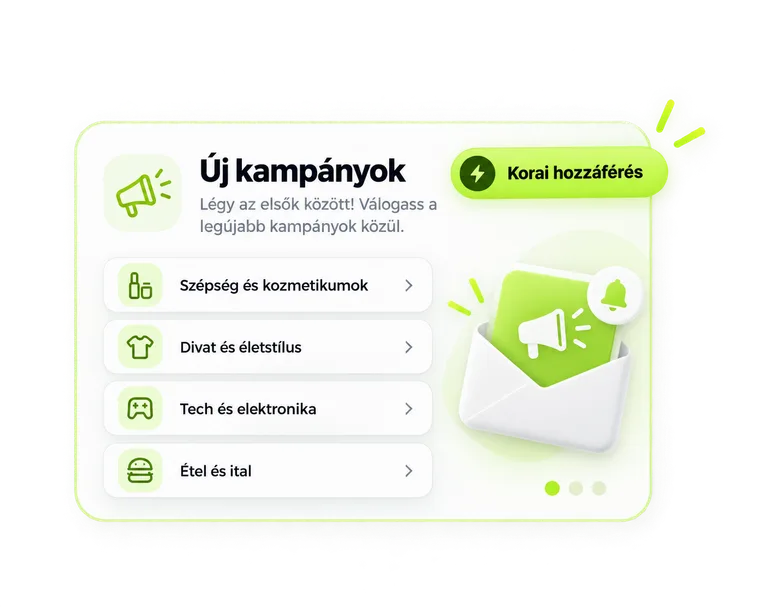 Új kampányok értesítő Korai hozzáférés jelvénnyel — Creatorz Pro tagként előbb látod az új kiírásokat