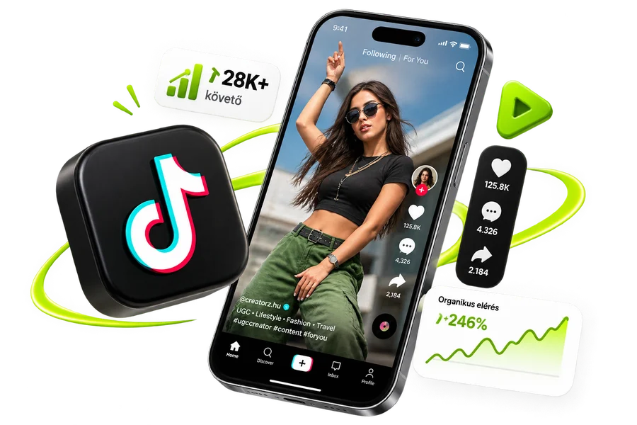 TikTok-videó egy alkotó profilján, követőszámmal és organikus elérés grafikonnal