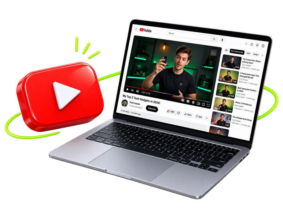 YouTube-videó egy alkotó csatornáján, laptop képernyőn